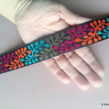 Shimmer Black Fabric Trim With Orange, Gold, Green And Fuchsia Thread Embroidery - 200317L278